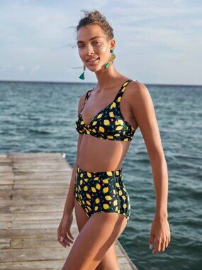 NWT Boden Lemons Bikini Set Navy Yellow Top High Waisted Bottoms Beach Size 6